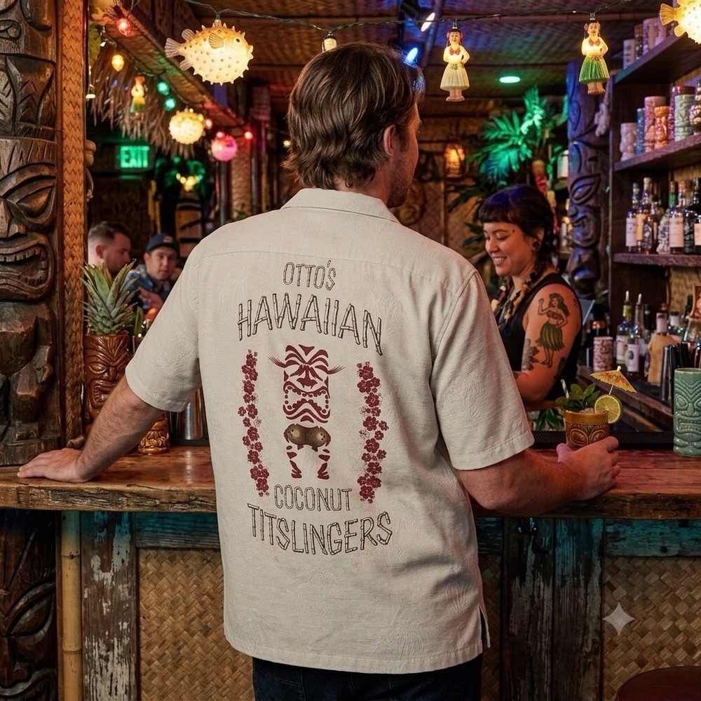 Otto's Coconut Titslingers Hawaiian Button Up M • Bette Midler Tiki Bar Kitschy